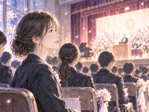 卒業式の会場で静かに座る女性