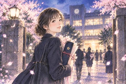 卒業証書を手に校門を出る女性