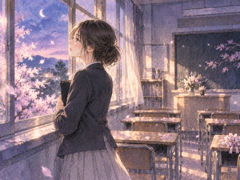 卒業を控えた教室で窓辺に立つ女性