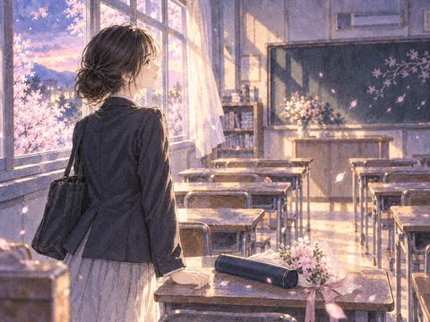 卒業式の日の静かな教室にいる女性
