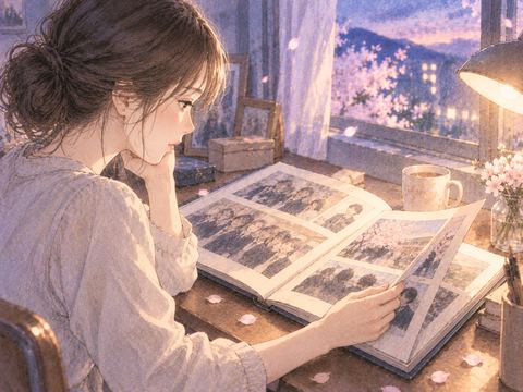 卒業アルバムを静かにめくる女性