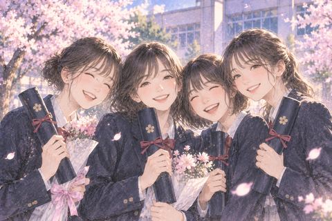 卒業の日に友人たちと写真を撮る女性