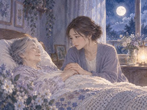 眠る祖母のそばで不安そうに手を握る女性