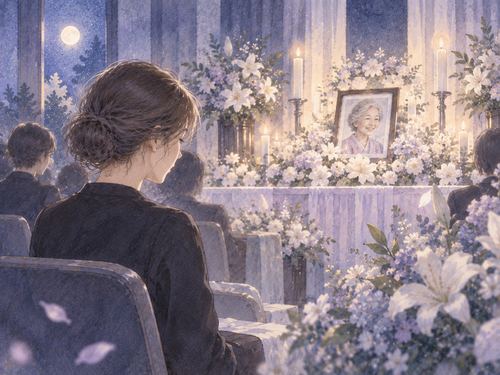 静かな葬式の席で祖母を思う女性
