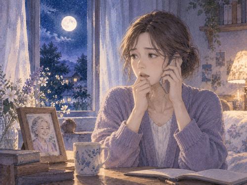 夜の部屋で電話を受け驚く女性