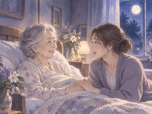 祖母が目を開けて微笑み女性が驚く夢の場面