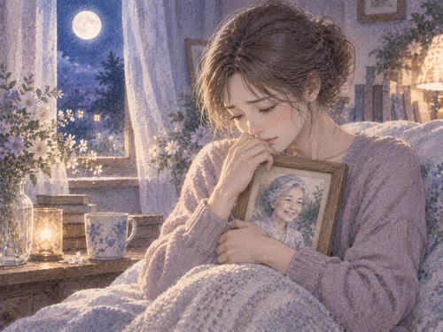 祖母の写真を抱えて静かに涙を流す女性
