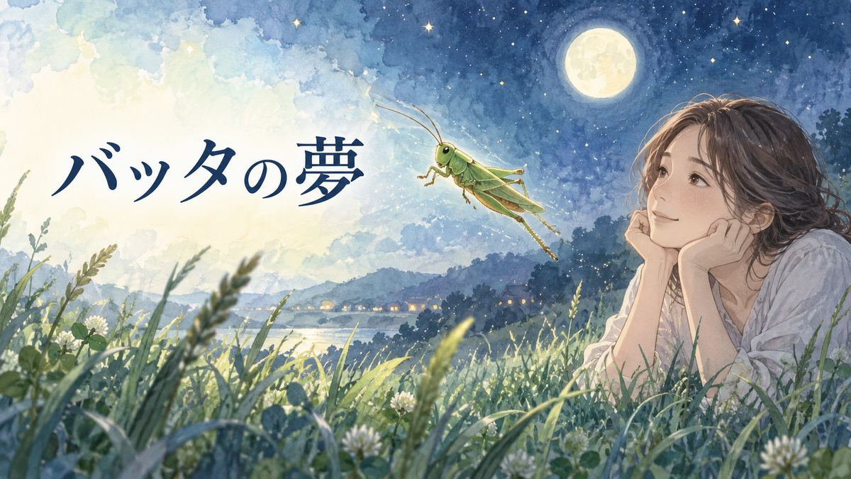 跳ぶバッタを見つめる大人の女性