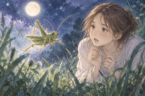 こちらへ飛んでくるバッタを見る女性