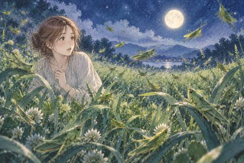 草むらにたくさんいるバッタを見る女性