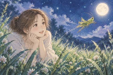 跳ぶバッタを嬉しそうに見る女性