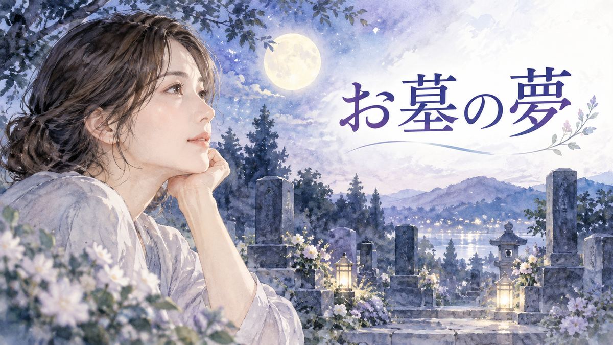 月明かりの墓地を静かに見つめる大人の女性
