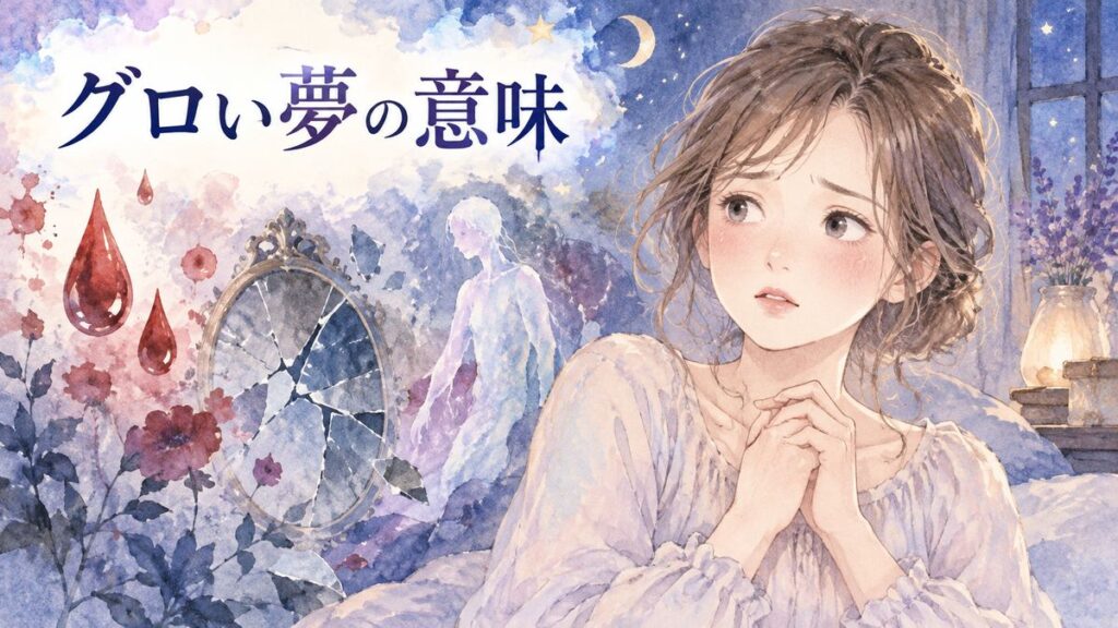 不安そうな大人の女性と夢に浮かぶ赤いしずくや割れた影