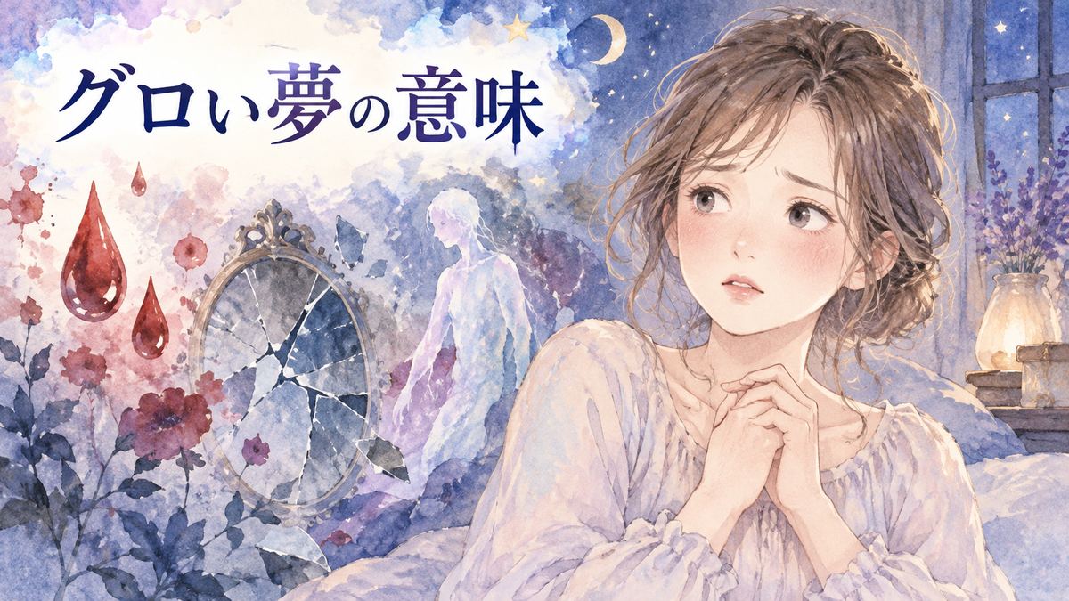 不安そうな大人の女性と夢に浮かぶ赤いしずくや割れた影