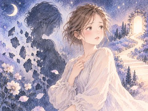 欠けた影と新しい道を見つめる人物