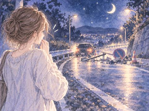 道の先の倒れた標識を見て立ち止まる人物