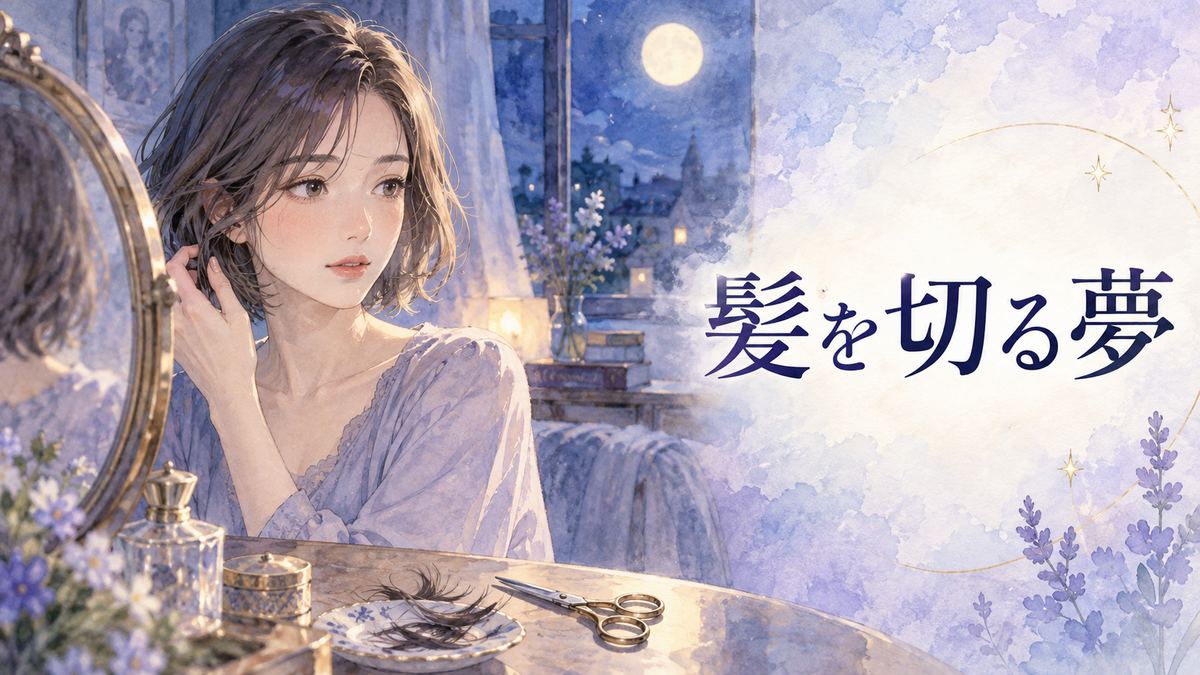 月明かりの部屋で短くなった髪を鏡で見つめる大人の女性とハサミ