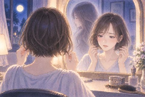 短くなった髪を鏡で見て後悔する女性の夢