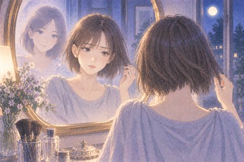 左右の長さが違う髪型を鏡で見て戸惑う女性の夢