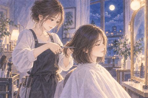 椅子に座る人の髪を丁寧に切る女性の夢