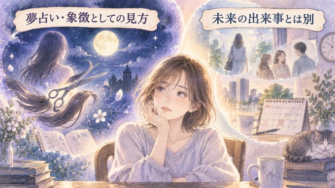 髪を切る夢の象徴と現実の未来予測を分けて見つめる女性の図