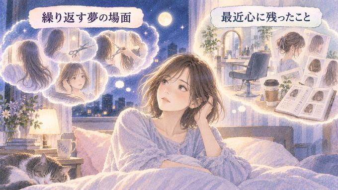 繰り返す髪を切る夢と最近の美容室や髪型の記憶を振り返る女性の図