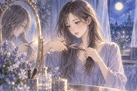 鏡の前で自分の髪にハサミを入れる女性の夢