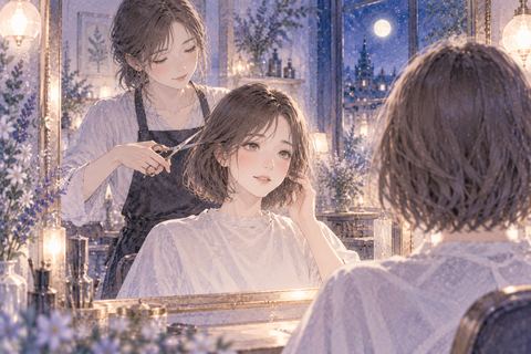 夜の美容室で美容師に髪を切ってもらう女性の夢