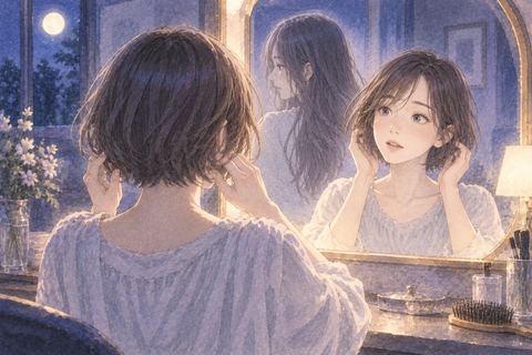 鏡の前でボブになった自分の髪型を見つめる女性の夢
