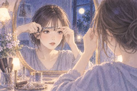 鏡を見ながら自分で前髪を少し切る女性の夢