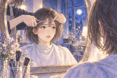 他人に前髪を切られ鏡を見つめる女性の夢