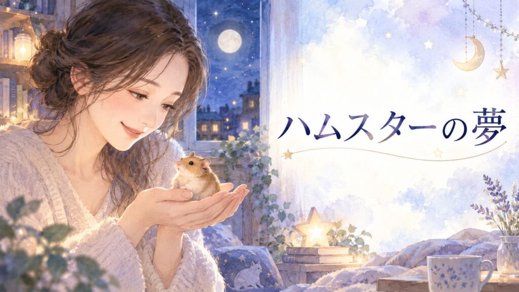 夜の部屋でハムスターを見つめる大人の女性