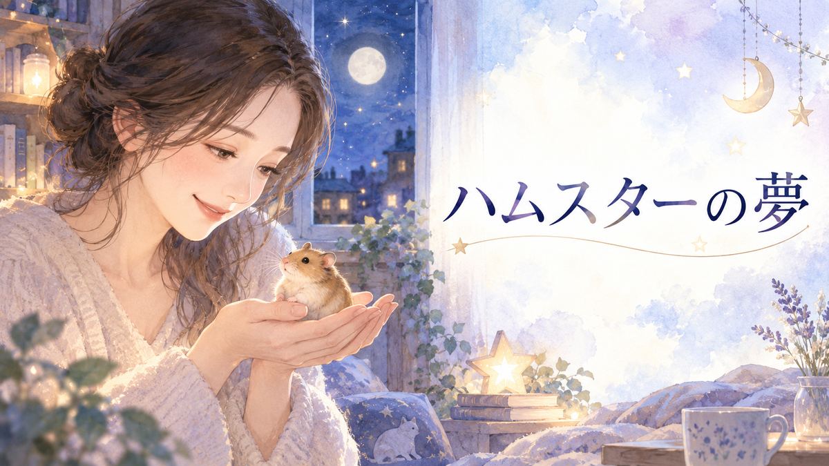 夜の部屋でハムスターを見つめる大人の女性