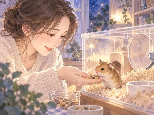 ハムスターに餌をあげて世話をする場面