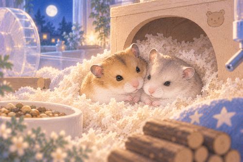 近くで寄り添う2匹のハムスター