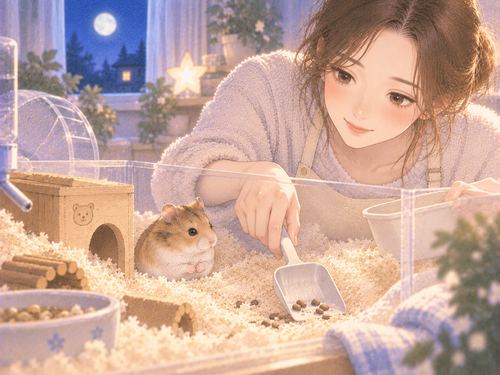 ハムスターのケージを掃除する手元と小さなうんち