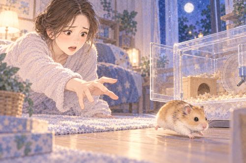 開いたケージから逃げていくハムスター