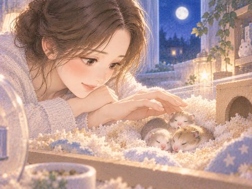 小さなハムスターの赤ちゃんを見守る場面