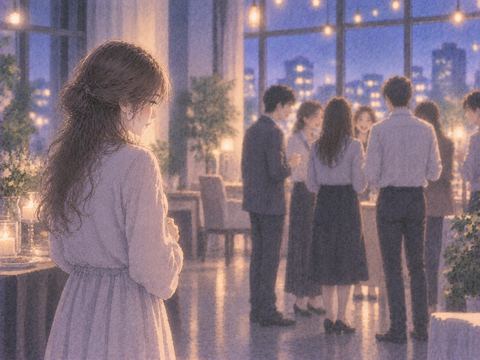 大勢の輪から一人離れている女性