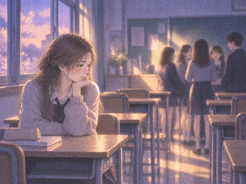 昔の教室で同級生から離れて座る女性