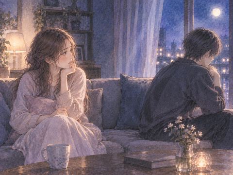 恋人に背を向けられて不安そうな女性