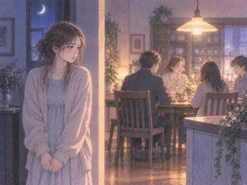 家族の食卓から離れて寂しそうに立つ女性