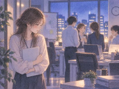 職場の輪から離れて立つ女性