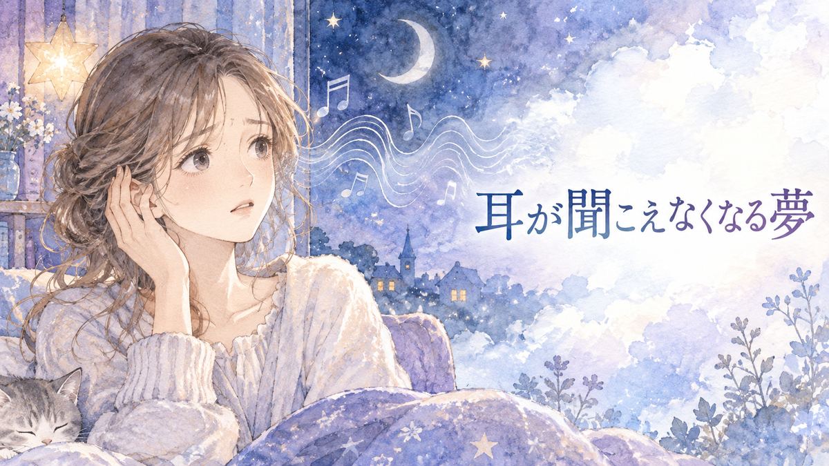 静かな夜に耳へ手を添える大人の女性と消えていく音の波