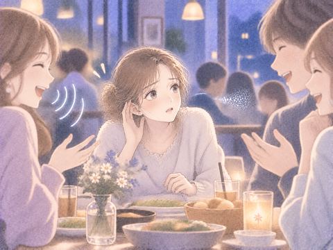 進む会話を聞き取れず焦る女性