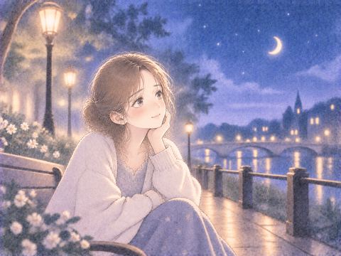 静かな夜に安心した表情で佇む女性