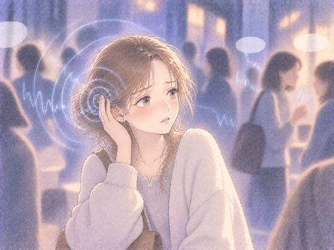 耳鳴りに気を取られ周囲の声が遠のく女性