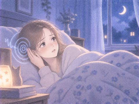 夜の寝室で耳鳴りを感じながら目を開ける女性
