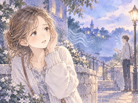 遠くの声を聞き取ろうと耳を澄ます女性