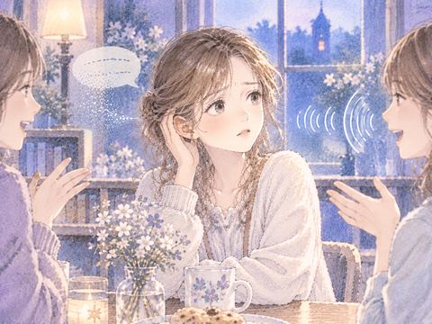 片耳に手を添え反対側の声へ顔を向ける女性